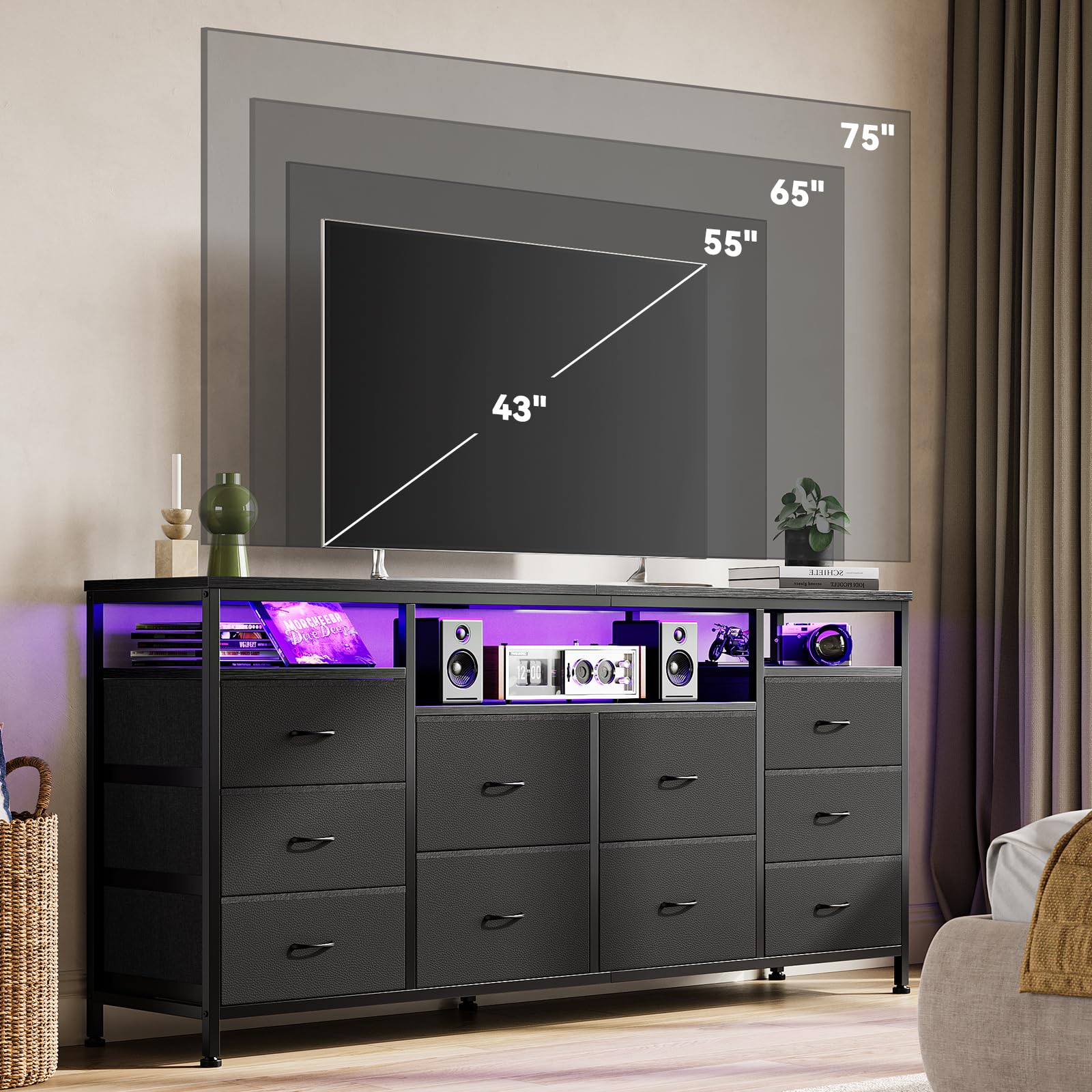 Garvee 10 Drawer Dresser TV Stand for 65-75" TVs, Dresser for Bedroom with LED Lights & Power Outlets, Chest of Drawers Long Entertainment Center for