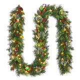 Garvee 9FT Christmas Garland with Lights Pine Cones & Berries Battery Operated Warm White LED Fire-Resistant Hypoallergenic Indoor Outdoor - Green