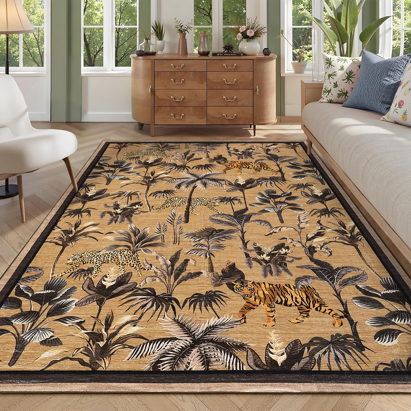 Garvee Area Rug 9'x12' Washable Tiger Rug Tropical Jungle Plant Design ...