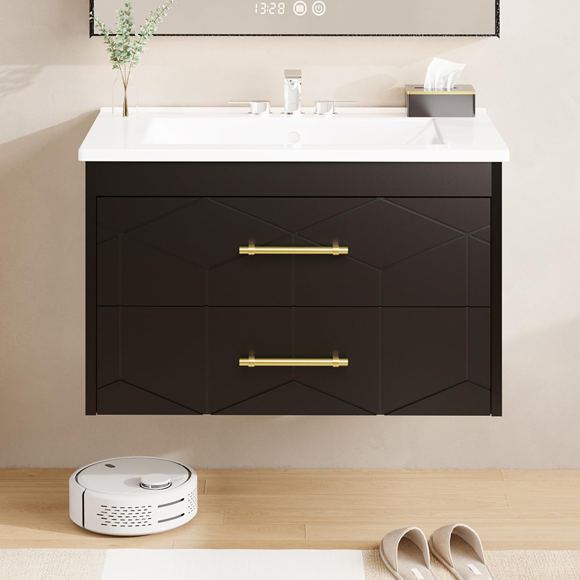 Garvee Modern 24" Floating Bathroom Vanity in Humidity-Resistant Design with Soft-Close Drawers and Gold Handles, Black