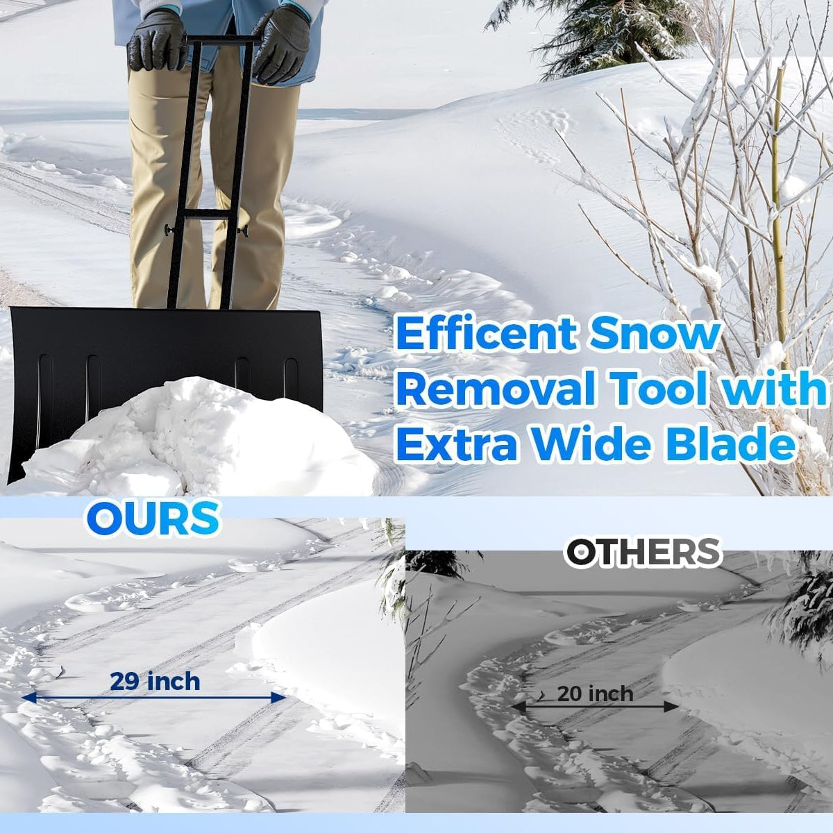 Garvee 29"W X 20"H Snow Pusher Shovel with Wheels,Heavy Duty Steel Snow Shovel with Wheels,Angled Blade Efficient Snow Removal With5-Position Angled Blade & Adjustable Handle for Doorway, Sidewalk