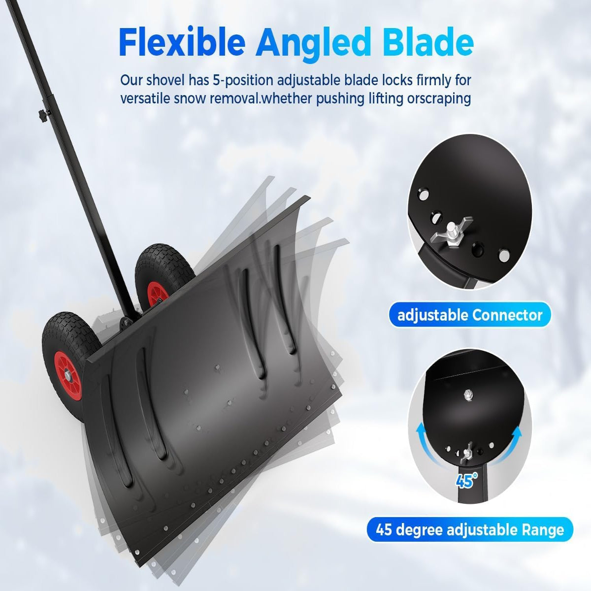 Garvee Snow Shovel with Wheels for Driveway, 20" Wide Adjustable Snow Pusher with 5-Position Angle & Height Handle, Ergonomic Back-Saving Snow Removal Tool for Sidewalks, Yards & Patios - Black