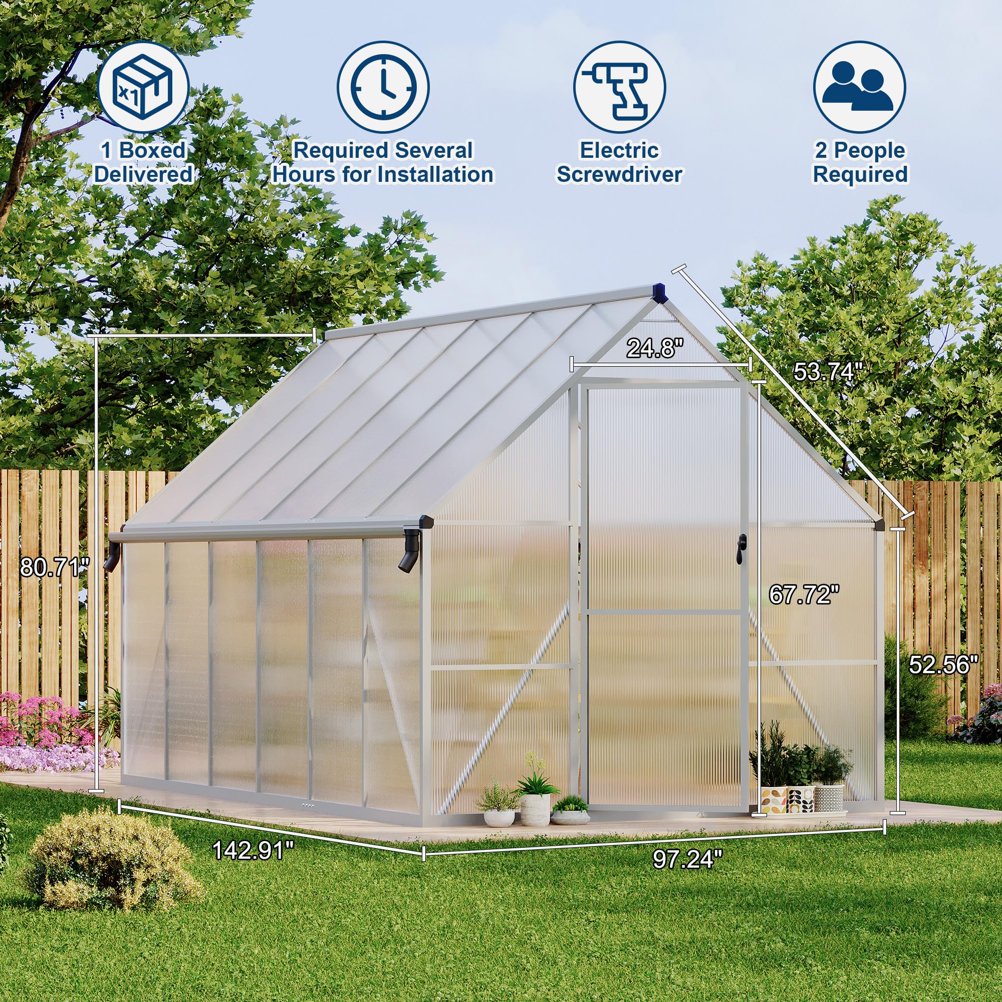 Garvee Heavy Duty 8x12 FT Polycarbonate Walk-In Greenhouse with