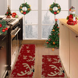 Garvee 2 Piece Easy Jute Christmas Door Mats Kitchen Rugs Set with Reindeer Snowflake Design, Non Slip TPR Backing, Stain Resistant Polyester Fibre, Low Pile Thin Profile, Red Black, Entryway Kitchen Bath - Reindeer|Red