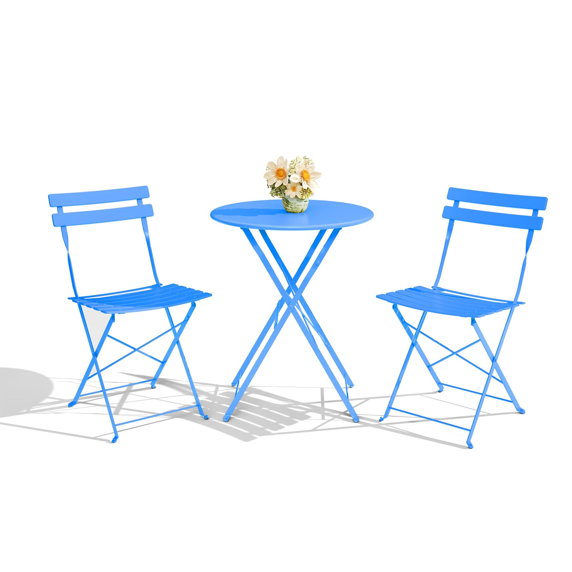 Garvee 3-Piece Folding Patio Bistro Set, Powder-Coated Metal Table and 2 Chairs for Balcony, Porch, Garden, Small Outdoor Spaces,Blue