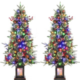 Garvee 4.5ft Christmas Tree with 150 Multicolor Led Lights, Pre-Lit Snow Flocked Christmas Tree with Sturdy Base, Holiday Xmas Tree with Red Berries, Festival Decoration for Home, Entrances, 2 PCS - Vintage Base-8 Light Modes-2 Pack