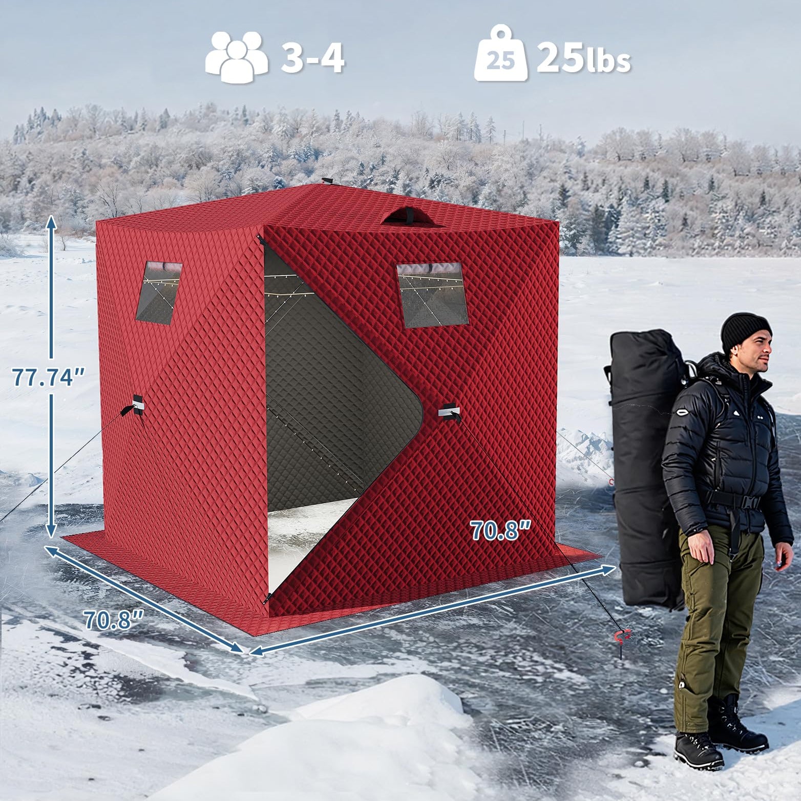 Garvee Pop-Up Portable Ice Fishing Tent for 3-4 Person - Insulated Oxford Hub Shelter - Waterproof, Quick Setup, Anchors, Ropes & Carry Bag Included - Winter Fishing Gear - Winter fishing cover | 70.8*70.8*77.74INCH | Red;