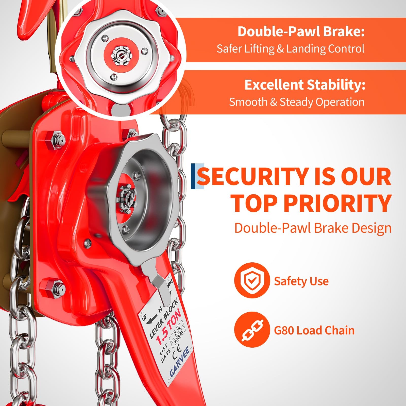 Garvee 1.5 Ton Manual Lever Chain Hoist, 3300 lb Capacity with 20 ft Lift, G80 Chain & Weston Brake for Garage