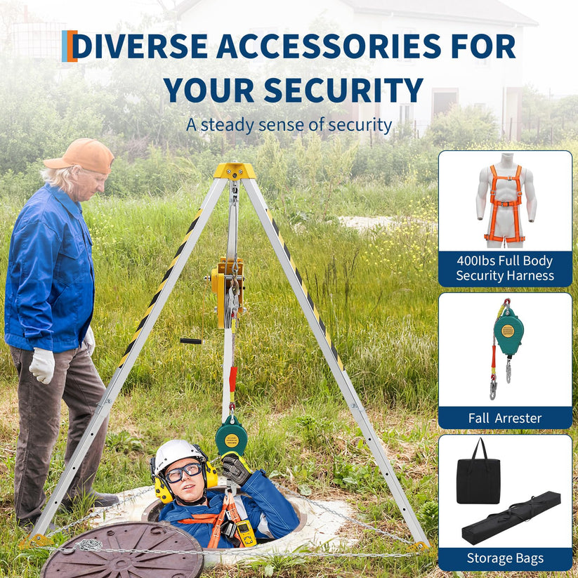 GARVEE confined space tripod kit with full-body harness, fall arrester, and storage bags