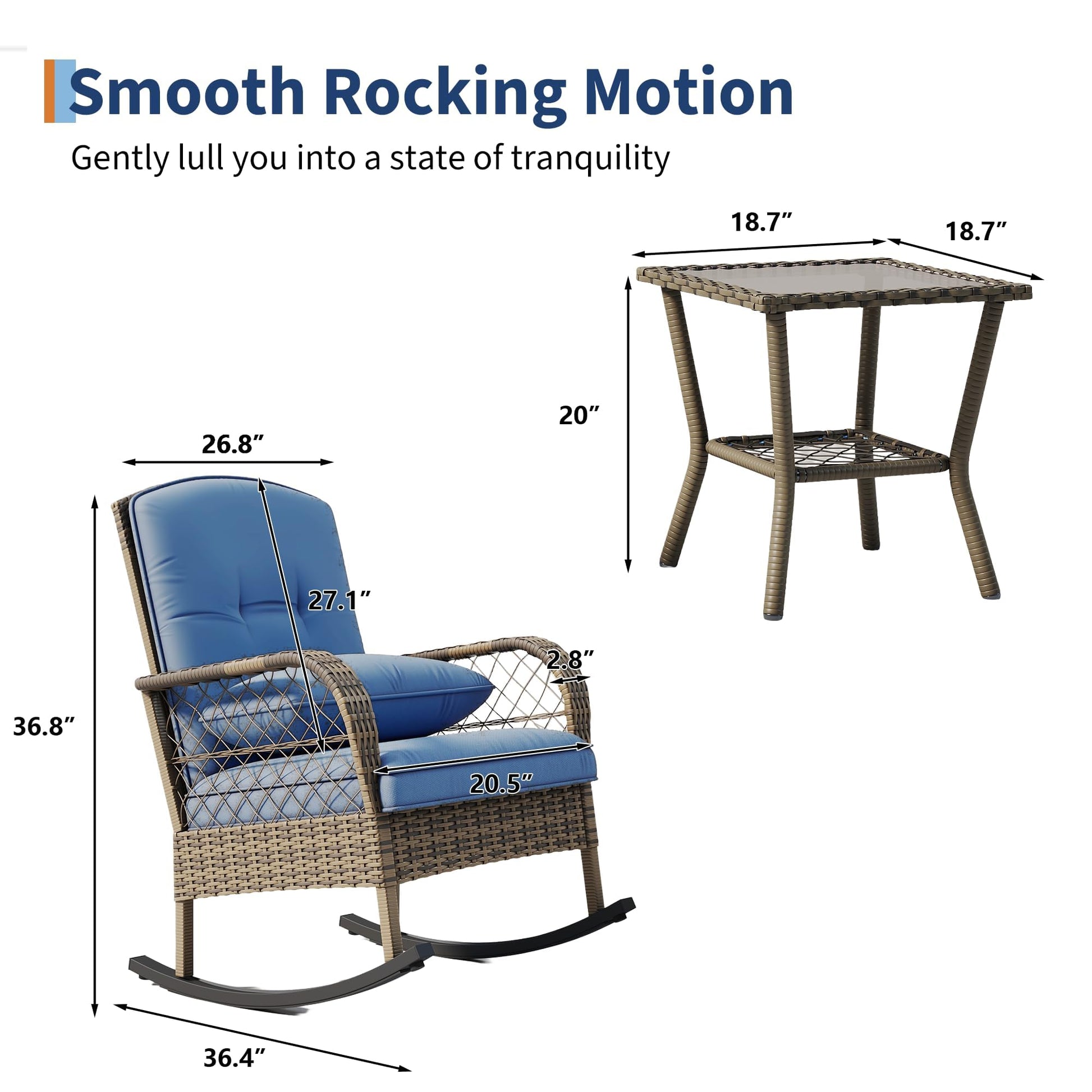 Garvee 2 pieces Outdoor Wicker Rocking Chair, PE Rattan Patio Rocker with Thick Cushions, Steel Frame, All-Weather Rocking Chair for Porch, Garden & Backyard, Blue
