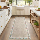 Garvee Bordered Light Flax 2x6 Entryway Rug Floral Bordered Runner, Non-Slip TPR Backing, Machine Washable, Low-Pile Soft Polyester, Lightweight Foldable, for Hallway Kitchen Bedroom - Light Flax|Beige Bordered