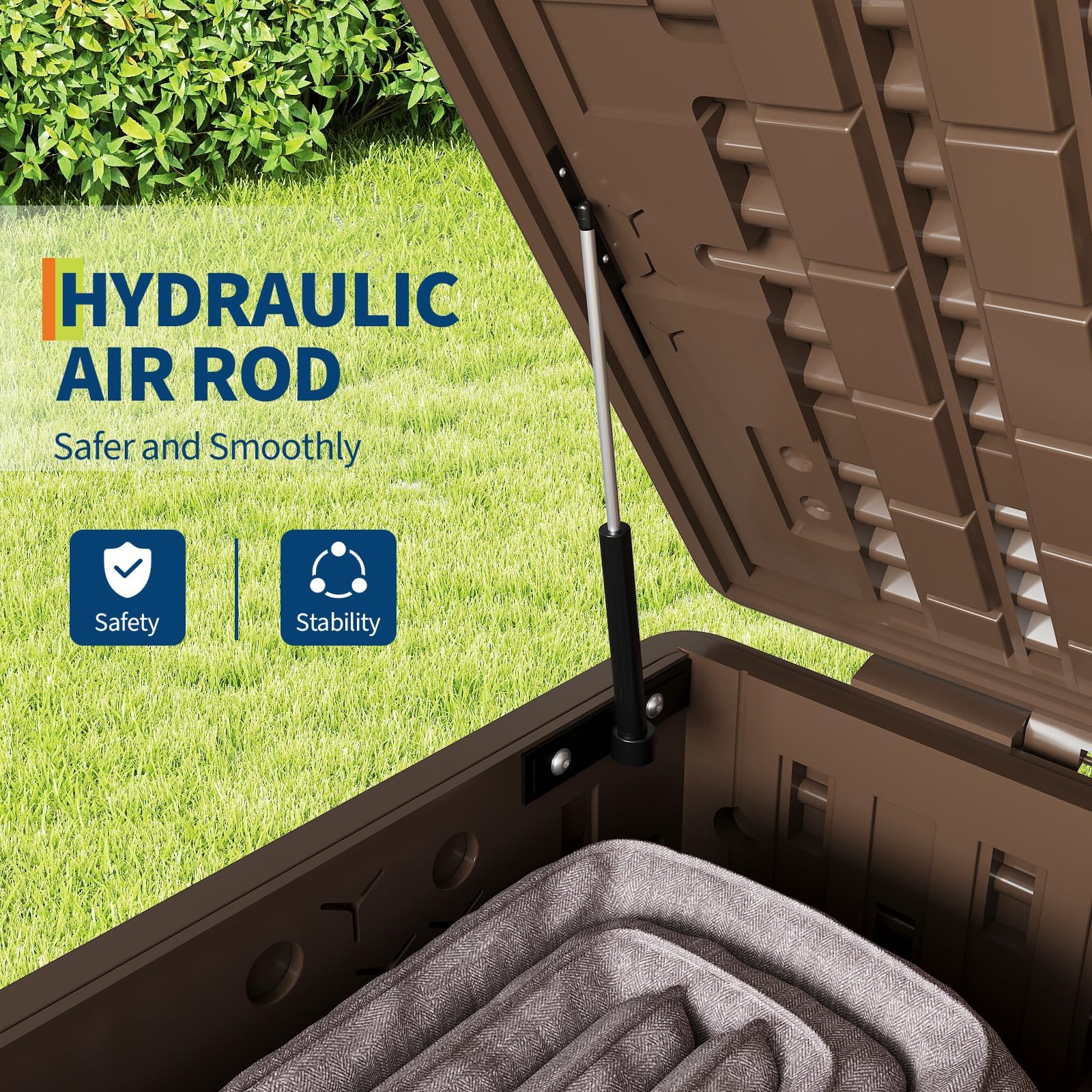 Close-up of brown plastic storage box with hydraulic air rod, showing internal hydraulic mechanism for smooth opening, suitable for outdoor storage.