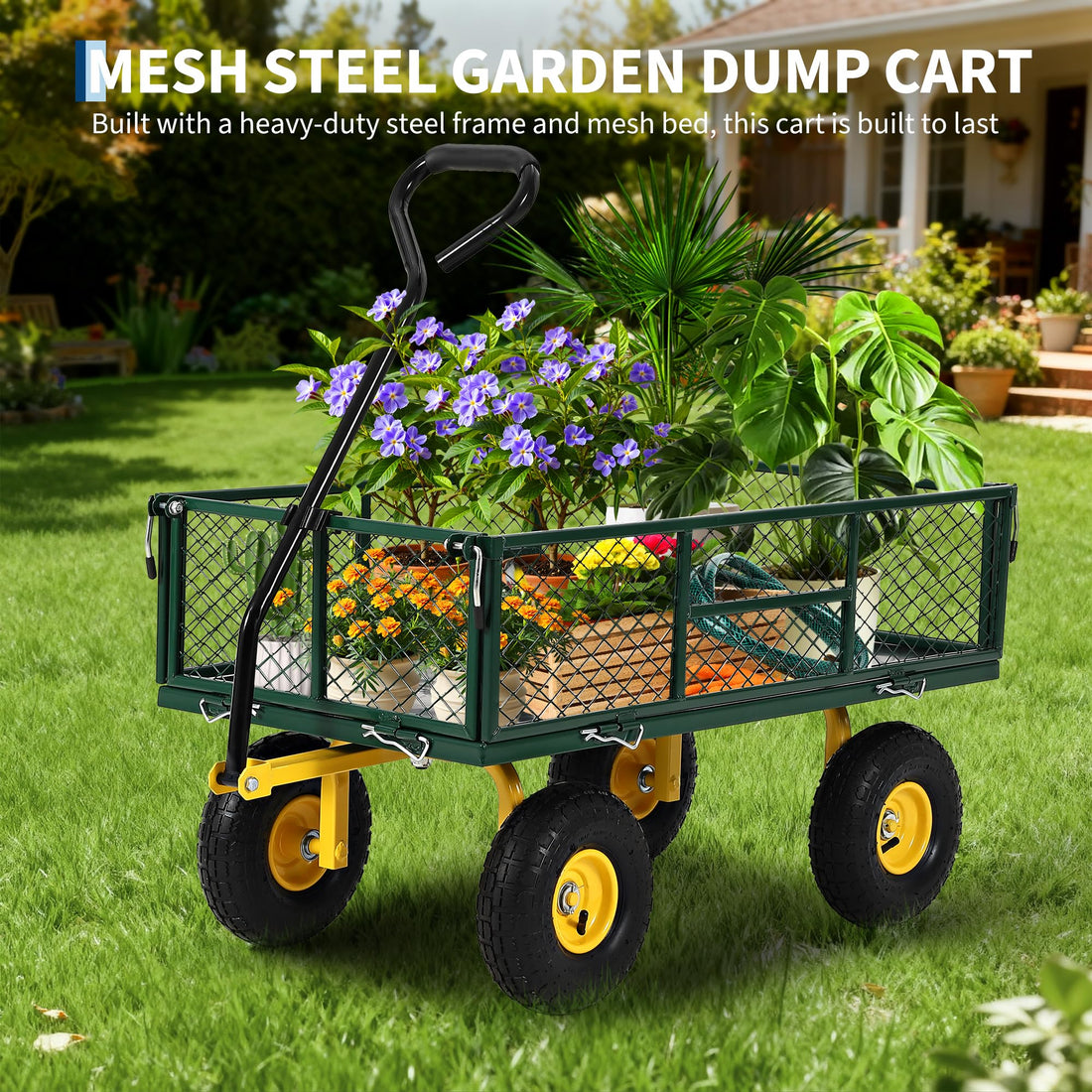 Garvee 900 lbs Heavy Duty Steel Garden Wagon Cart – 2-in-1 Utility Yard Cart, Removable Mesh Sides, 10" All-Terrain Tires, 180° Rotating Handle – Perfect for Lawn and Outdoor Gardening – Yellow Hub, Dark Green Frame, Black Handle