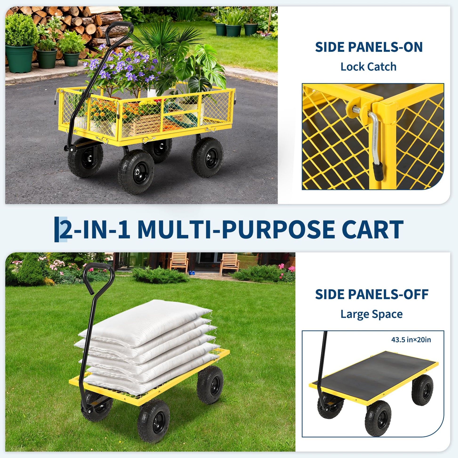 Garvee 900 lbs Heavy Duty Steel Garden Wagon Cart – 2-in-1 Utility Yard Cart, Removable Mesh Sides, 10" All-Terrain Tires, 180° Rotating Handle – Ideal for Lawn and Gardening Tasks – Black Wheels, Yellow Frame, Black Handle