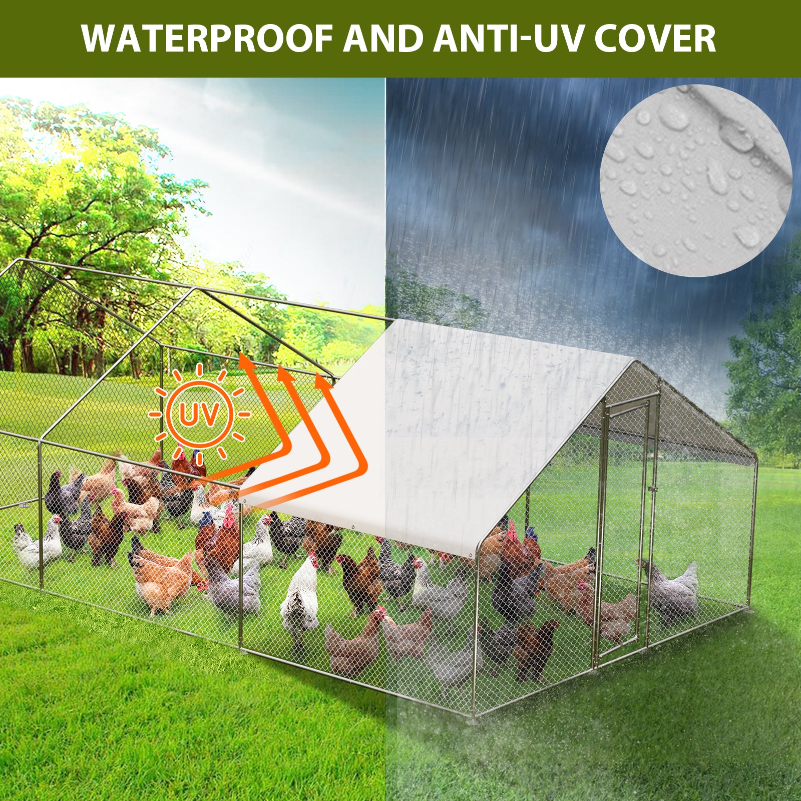 Garvee Large Metal Chicken Coop, Walk-in Poultry Cage, Chicken House with Waterproof and Anti-Ultraviolet Cover for Outdoor Yard Farm Silver - 9.8*19.7*6.6FT