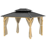 Garvee Wood Gazebo 10x12 Ft Double Galvanized Steel Roof Hardtop Wooden Frame with Nettings and Curtains for Backyard Patio Garden