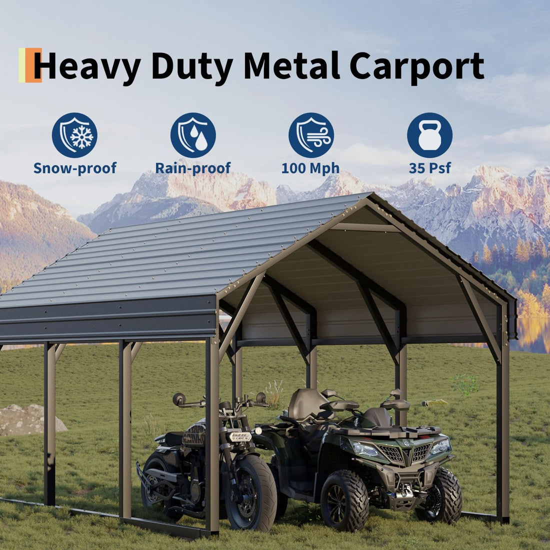 Garvee 12x13 FT Metal Carport Shed, Reinforced Frame and Steel Roof for All-Weather Use, Permanent Shelter for Cars, Motorcycles, ATVs, or Boats