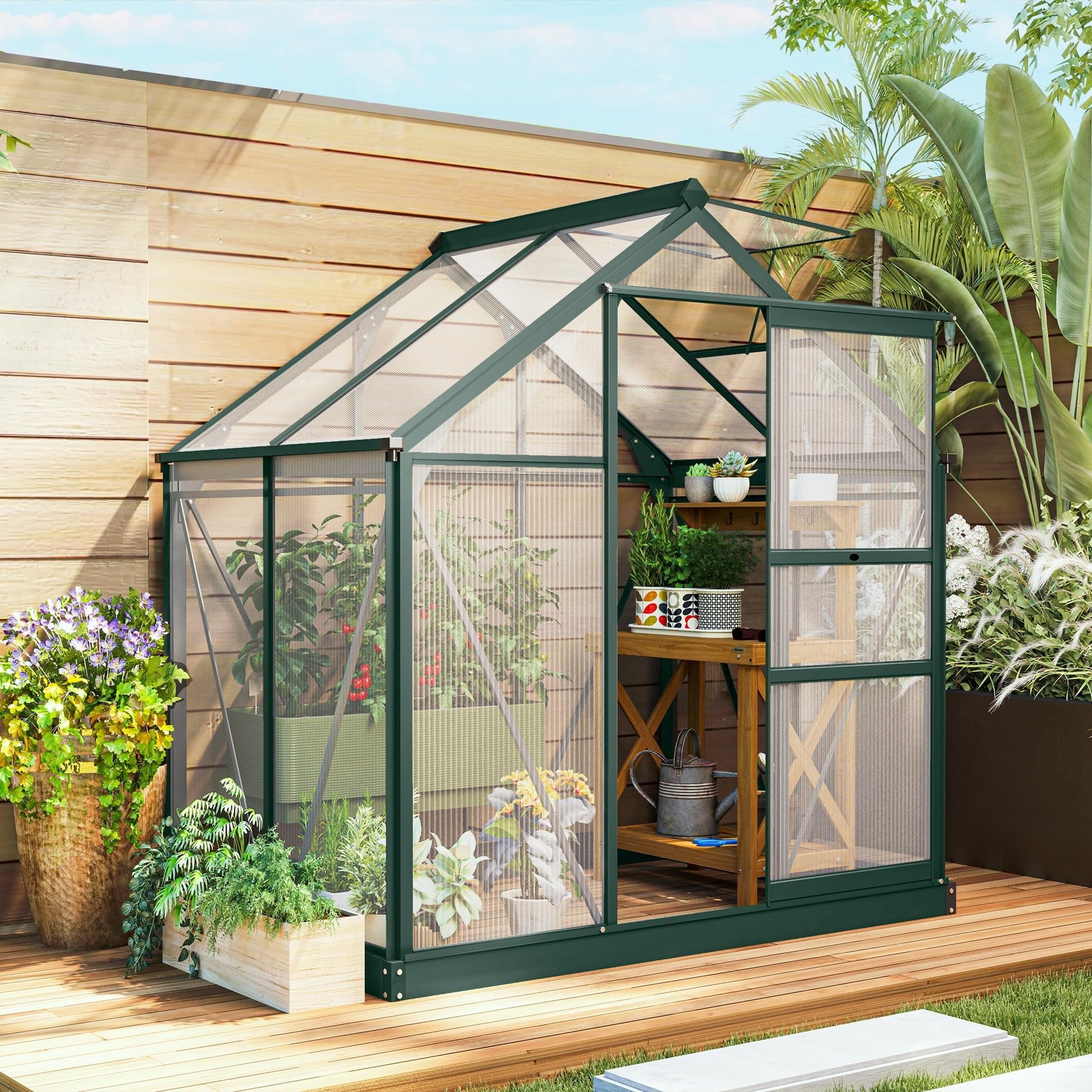 Garvee Polycarbonate Walk-in 6x4FT Outdoor Greenhouse with Aluminum Frame Sliding Door Adjustable Roof Vent for Backyard Garden Patio