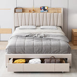 Garvee Queen Size Upholstered Bed Frame with Storage Drawer & Headboard, Charging Station, No Box Spring, Easy Assembly, Beige, Bedroom - Beige