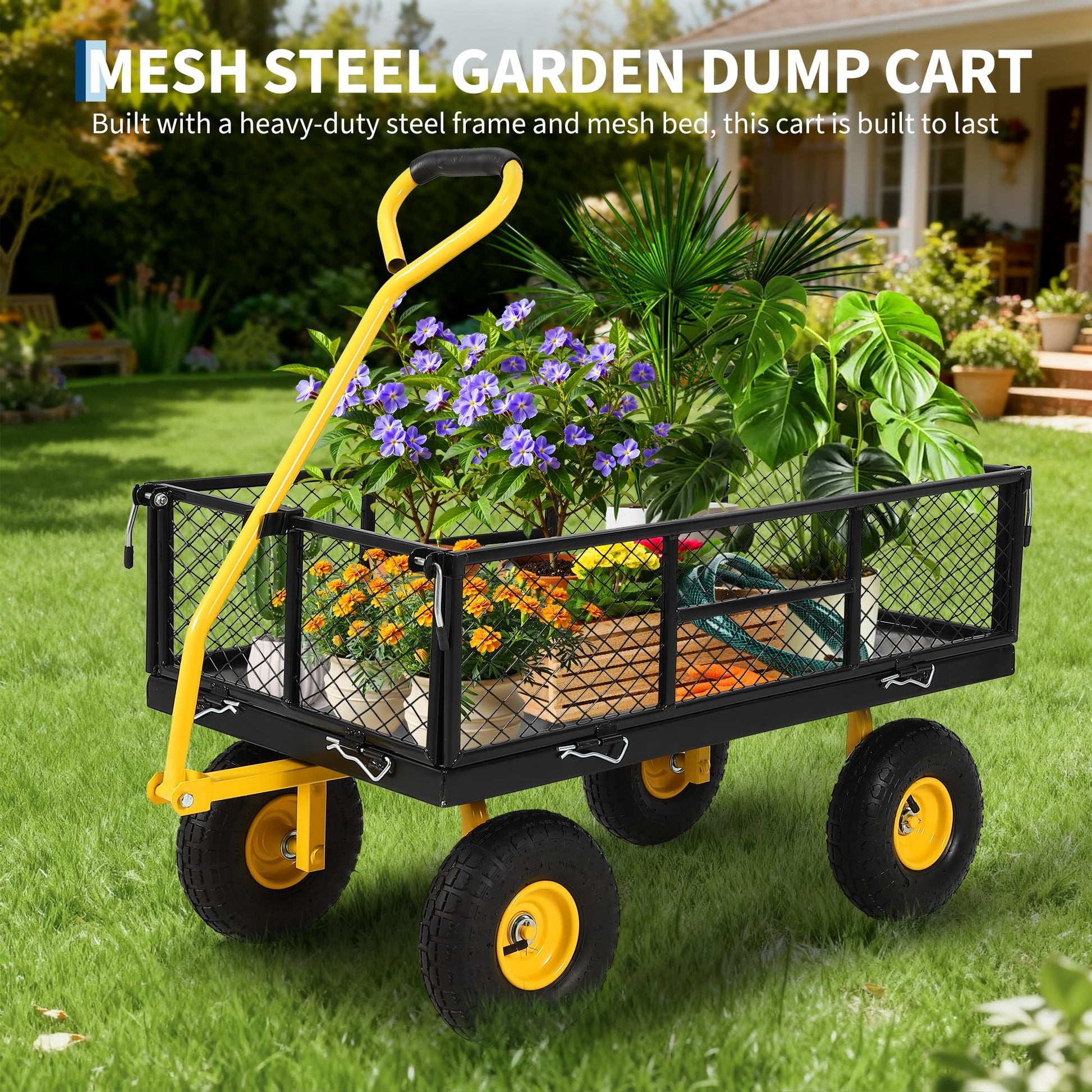 Garvee 900 lbs Heavy Duty Steel Garden Wagon Cart – 2-in-1 Utility Yard Cart, Removable Mesh Sides, 10" All-Terrain Tires, 180° Rotating Handle – For Gardening, Lawn, Outdoor Transport – Black Body, Yellow Hubs