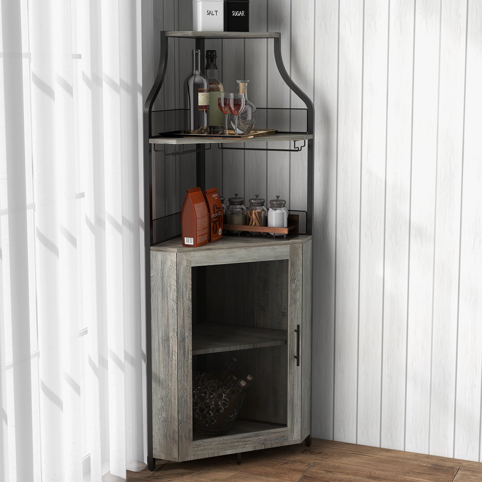 Garvee Corner Wine Bar Rack Cabinet with Detachable Wine Rack, Bar Cabinet with Glass Holder and Mesh Door, Liquor Coffe Bar Cabinet with Adjustable Shelves, ‎Grey