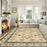 Garvee 6x9 Washable Rugs for Living Room - Stain Resistant, Non-Slip Rubber Backing, Faux Wool Material, Pastel Oriental Design, Beige, Bedroom Dining Kitchen - Beige