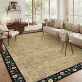Garvee 5x7 Natural Floral Bordered Area Rug, Washable Non-Slip Low Pile Faux Jute Carpet for Living Room Bedroom Farmhouse Decor, Black Floral - Natural Black Floral