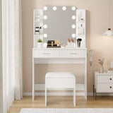 Garvee Makeup Vanity with Mirror and LED Lights, Vanity Desk with Power Outlet, 2 Drawers 6 Shelves, Hair Dryer Rack & Stool, Modern Dressing Table with Storage for Bedroom, White - White
