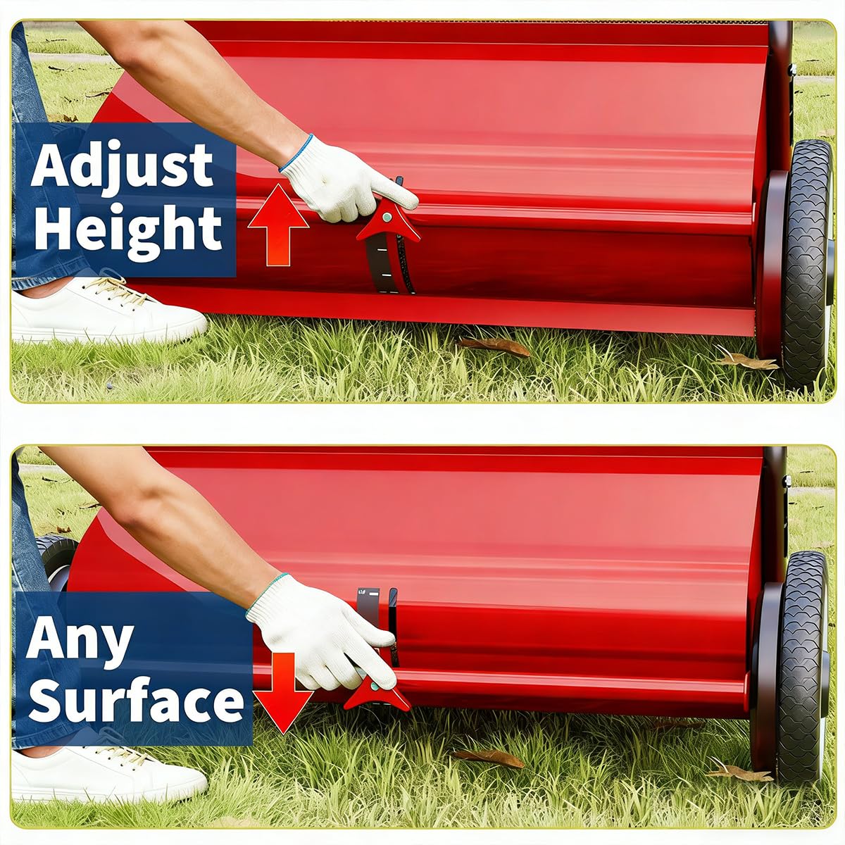 Garvee Push Lawn Sweeper Red 21-Inch Width 4-Brush System Steel Frame Large Capacity Yard Cleanup