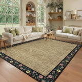 Garvee 9x12 Natural Floral Bordered Area Rug, Washable Non-Slip Low Pile Faux Jute Carpet for Living Room Dining Room Farmhouse Decor, Black Floral - Natural Black Floral