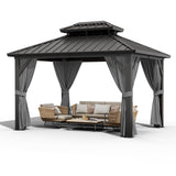 Garvee 10x12ft Hardtop Gazebo Outdoor Patio Pavilion Double Roof Aluminum Frame Waterproof Curtains Netting Backyard Deck Poolside - Gray