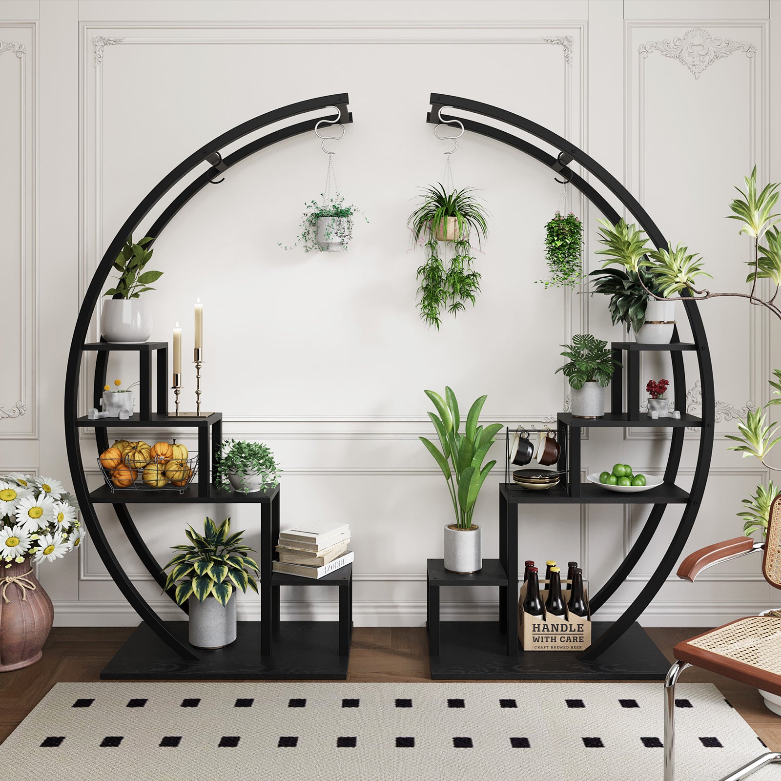 Garvee 5-Tier Curved Metal Plant Stand with 6 Hooks, Elegant Black Balcony & Indoor Flower Pot Display Rack for Plants & Garden Decor