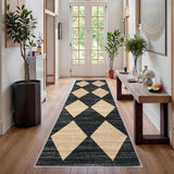 Garvee Plaid Black Beige 2x6 Washable Checkered Rug Runner Non-Slip Low Pile Soft Trellis Distressed Hallway Kitchen Bedroom - Black Beige
