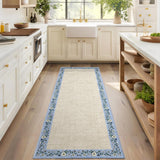 Garvee Bordered Beige 2x6 Entryway Rug Floral Bordered Runner, Non-Slip TPR Backing, Machine Washable, Low-Pile Soft Polyester, Lightweight Foldable, Kitchen Hallway Bedroom - Beige|Blue Bordered