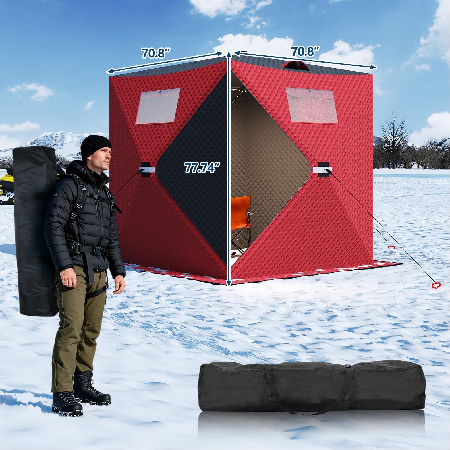 Garvee Insulated Pop-Up Ice Fishing Tent for 3-4 Persons - Portable Windproof Winter Shelter - Durable Ice Shanty, Carry Bag, Zippered Door, Anchors, Rope - Red & Black, 70.8×70.8×77.74 Inch | Winter fishing shelter