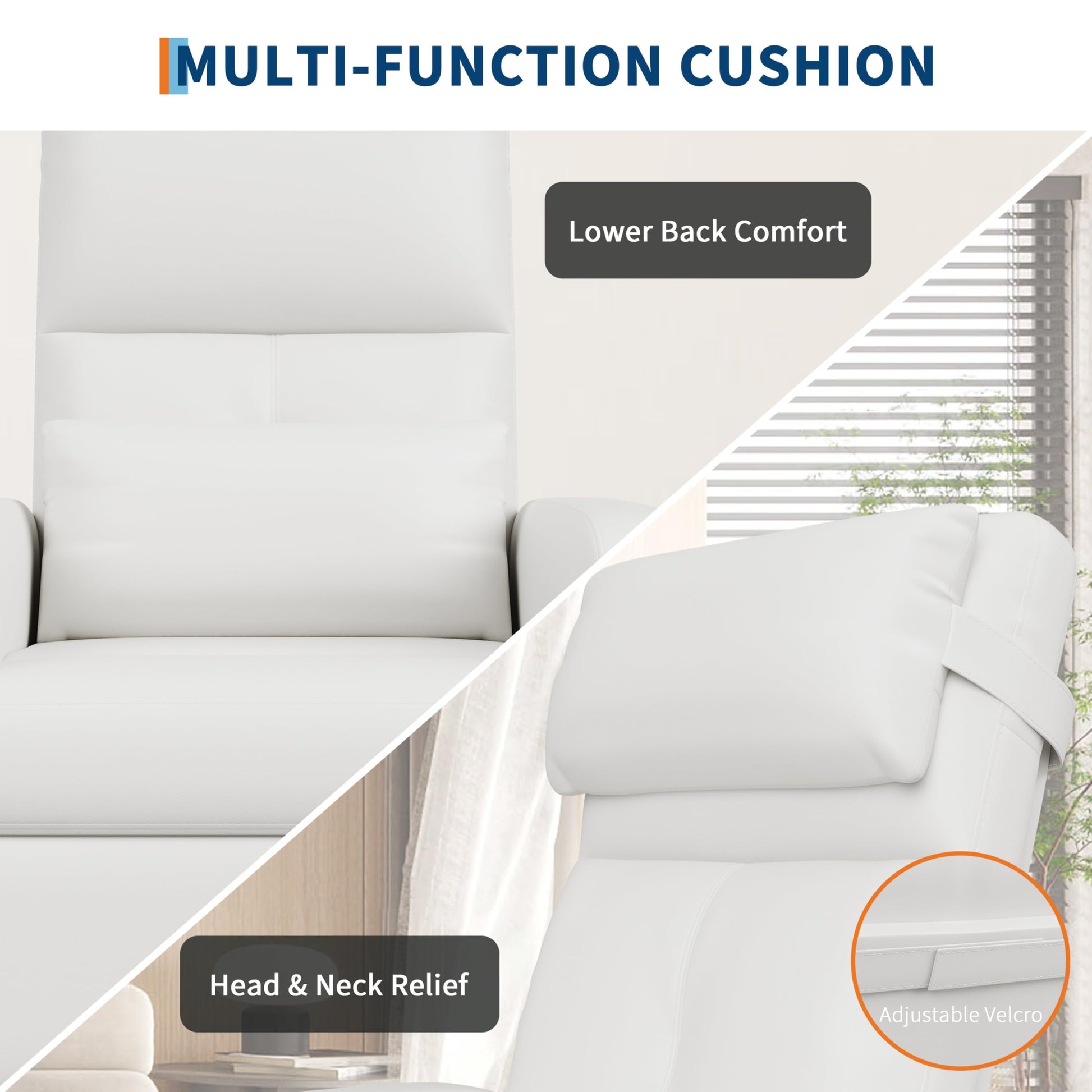 Control panel for the recliner with buttons for adjusting position, massage modes, heat, and other functions, with illustrations of different reclining angles.