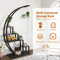 Garvee 5-Tier Curved Metal Plant Stand with 6 Hooks, Elegant Black Balcony & Indoor Flower Pot Display Rack for Plants & Garden Decor