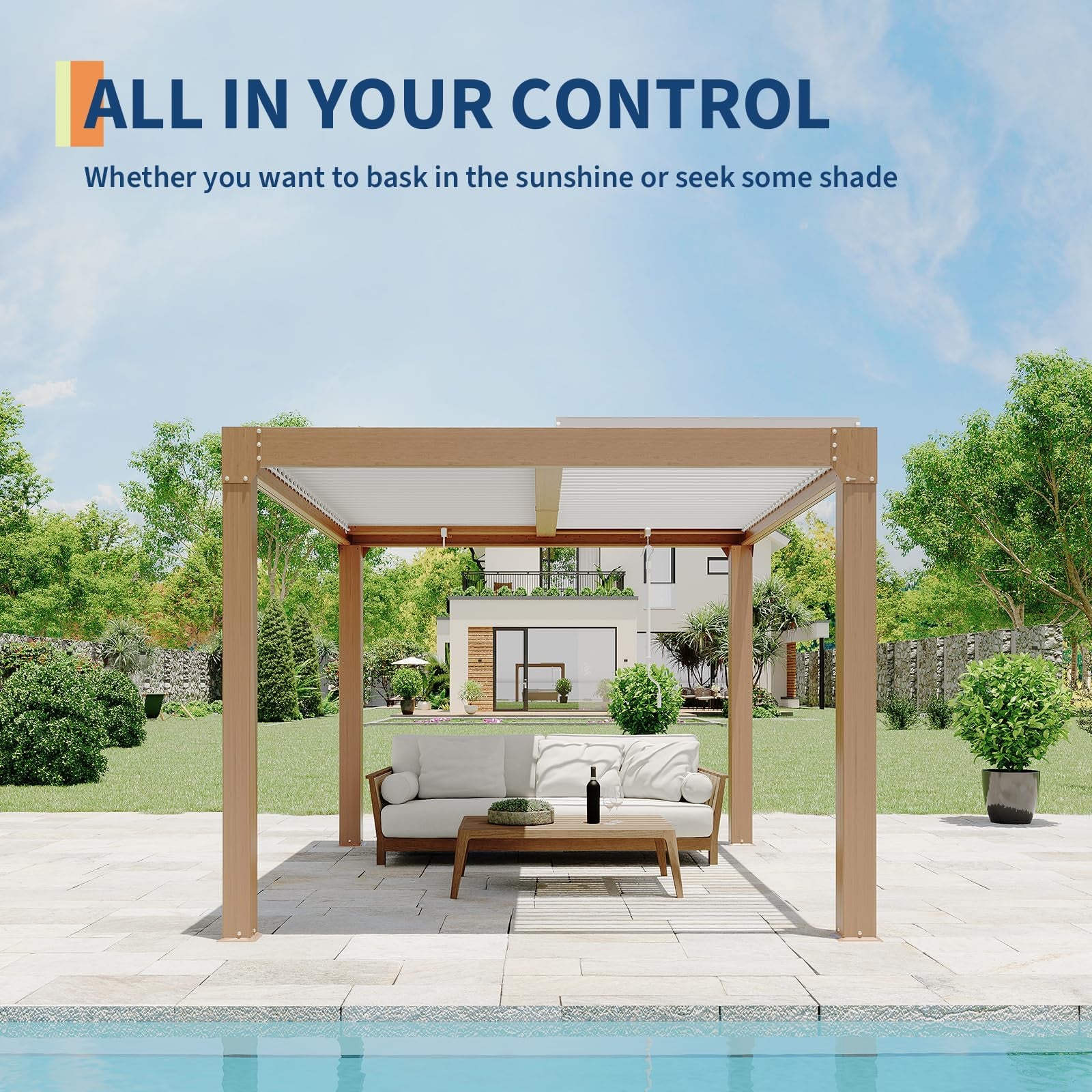 Garvee Adjustable Roof & Integrated Drainage - Aluminum Louvered Pergola Gazebo - Reinforced Frame for Patio, Deck, Backyard, Garden - Durable Outdoor Hardtop Shelter - Wood Grain Color, 10x12FT