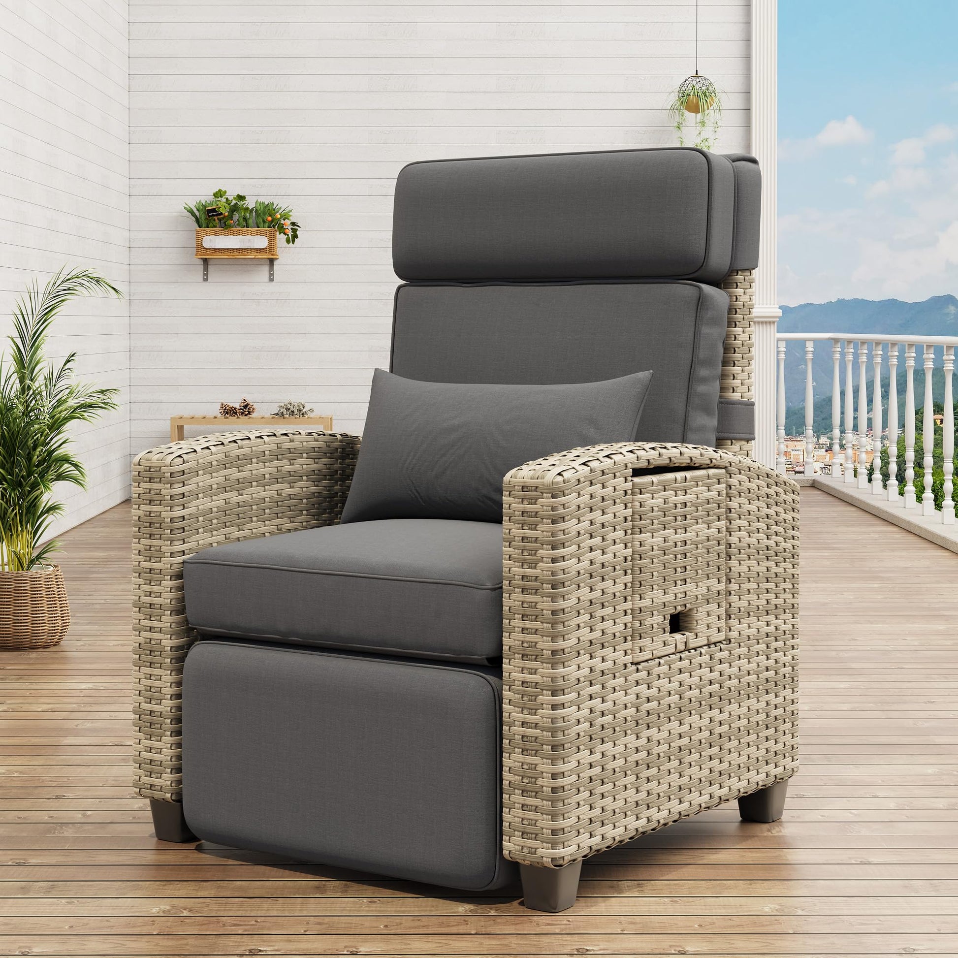 Garvee Outdoor Recliner Patio Chair – Adjustable Backrest & Footrest, Turn over-Up Side Table, Removable Cushion, All-Weather Wicker Armchair, Ideal for Pool, Deck, Balcony, Gray Rattan with Taupe Cushion