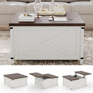 Garvee Farmhouse Coffee Table with Lift Top, 31.5 Inch Square Rustic Cocktail Table with Storage, x-Shaped Design & Industrial Metal Accents, Sturdy Wood Center Table for Living Room