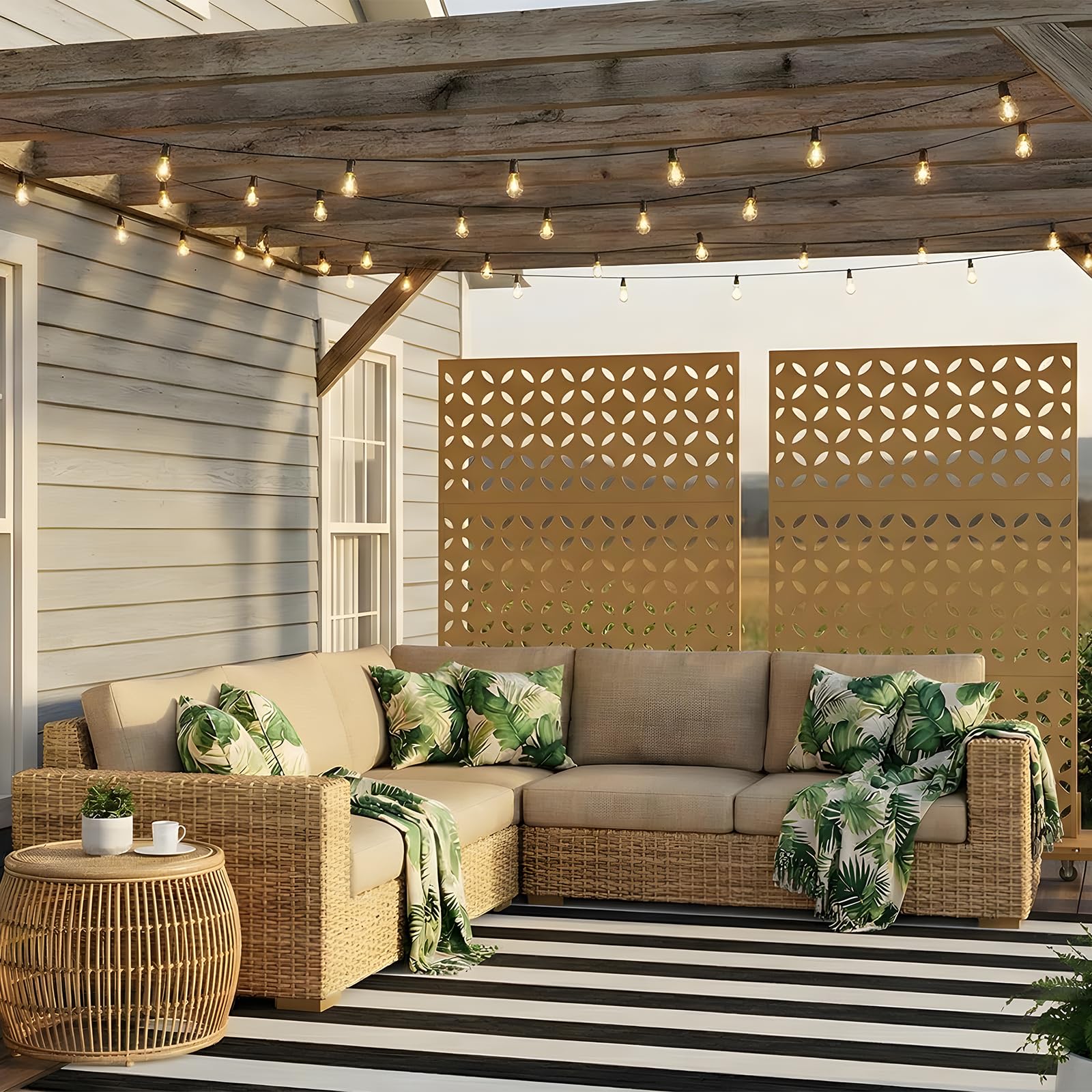Garvee 70"x47" 3-Panel Metal Outdoor Privacy Screen in Copper-Coin Design for Patio, Deck, Balcony, Yard and Garden, Brown