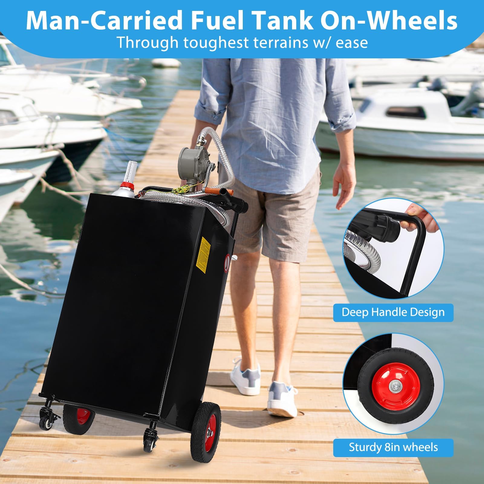 Garvee 30 Gallon Heavy Duty Portable Fuel Caddy with Manual Pump – 4-Wheel All-Terrain Gas & Fuel Transfer Tank with Brakes – Durable Storage for Vehicles, Tractors, Boats, Outdoor Equipment – Reinforced Rib Model, Black Powder Coating, 2026 Model