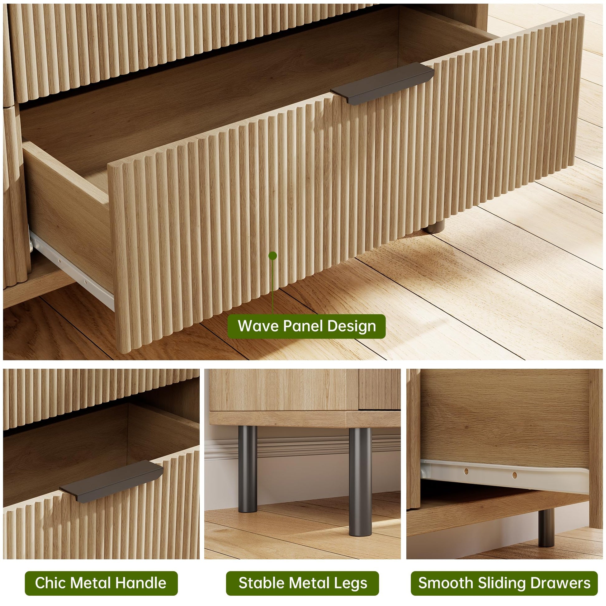 Garvee Modern Fluted 5 Drawer Dresser – Wooden Chest with Wide Storage, Metal Legs, Anti-Tipping Safety – Tall Organizer for Bedroom, Entryway, Hallway – Natural Wood Grain