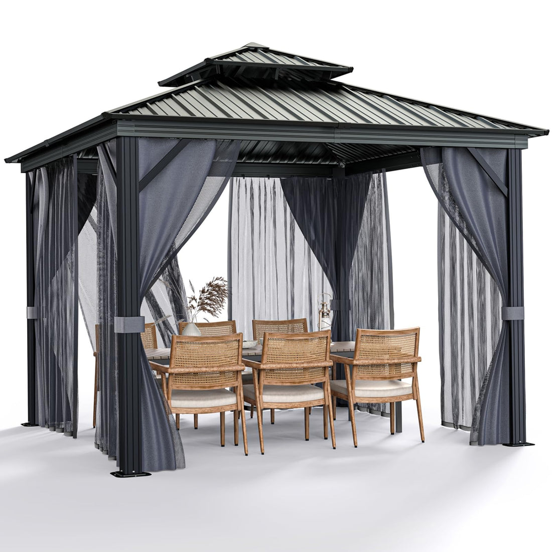Garvee All-Weather Hardtop Gazebo with Double Metal Roof & Aluminum Frame, Mosquito Netting, Privacy Curtains, Outdoor Pavilion for Patio, Garden, Deck, Lawn, Backyard, Gray Mesh Black Yarn, 8x8FT