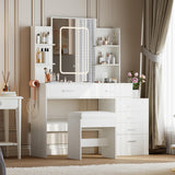 Garvee Makeup Vanity Desk with Mirror and Lights, White Vanity 6 Drawers and Shelves, Charging Station, Stool, 3 Lighting Color Adjustable, White - White