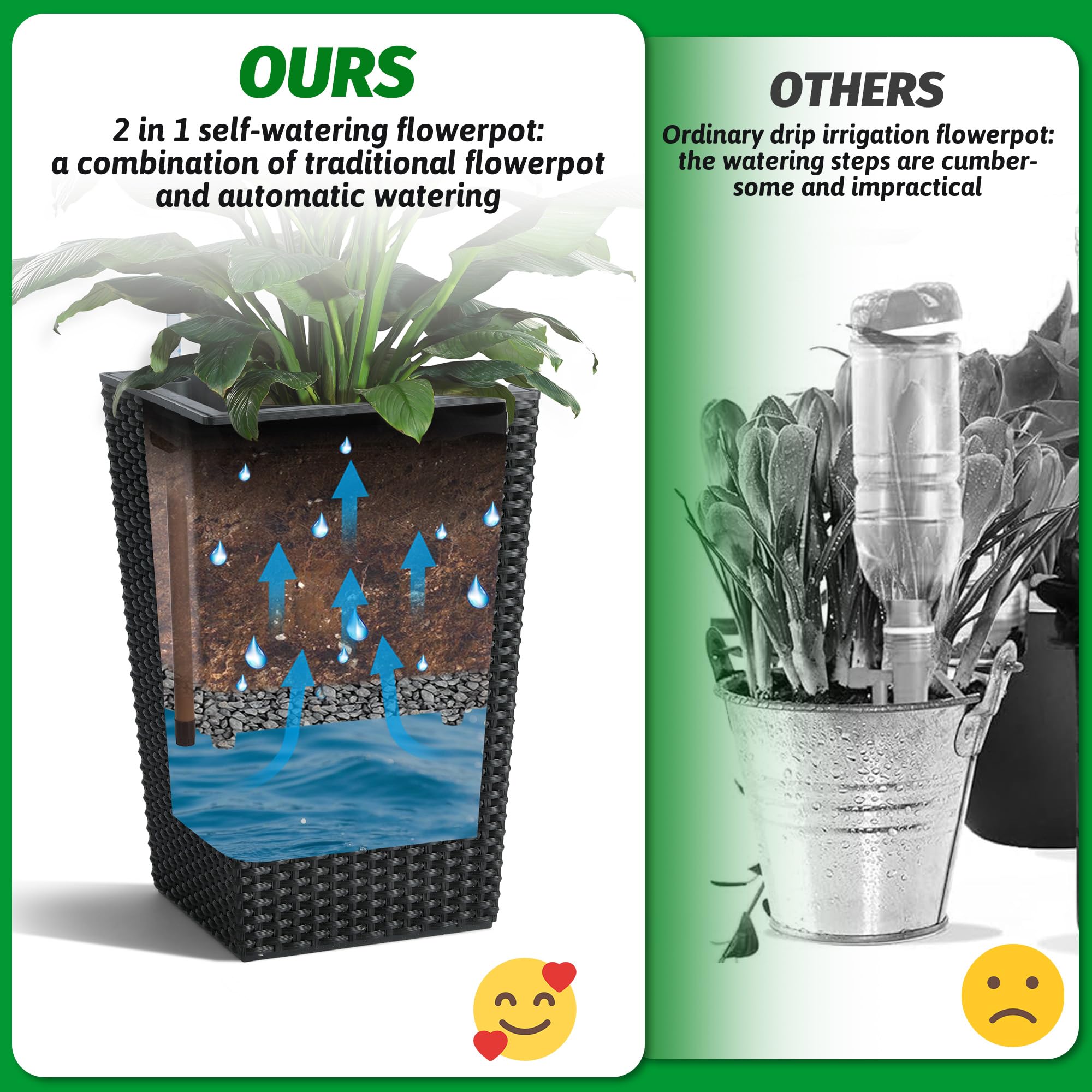 Garvee 16 Inch Tall Rattan Planter Set with Water Level Monitor & Wheels, Durable Plastic, Indoor & Outdoor Use, Matte White