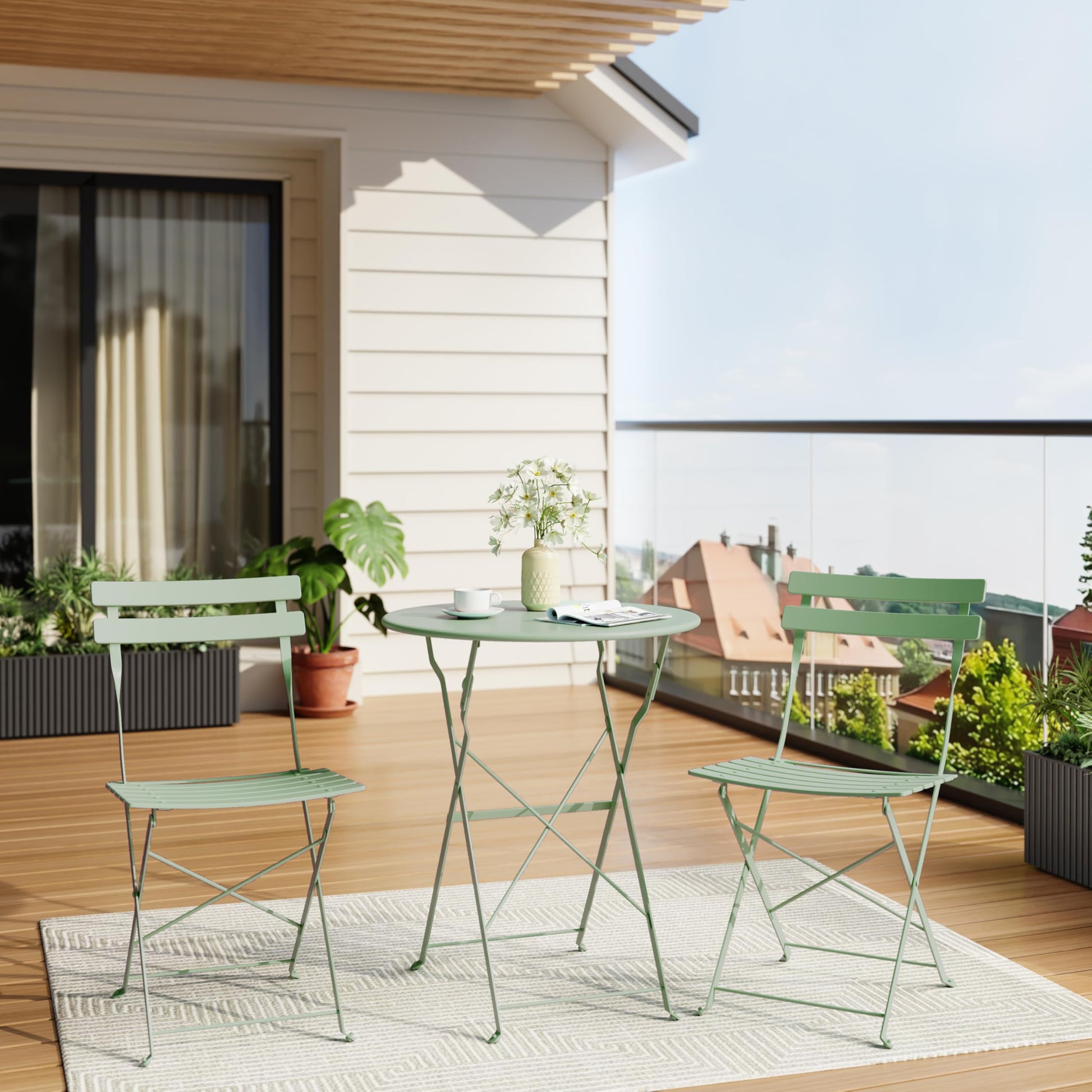 Garvee 3-Piece Folding Patio Bistro Set, Powder-Coated Metal Table and 2 Chairs for Balcony, Porch, Garden, Small Outdoor Spaces,Green