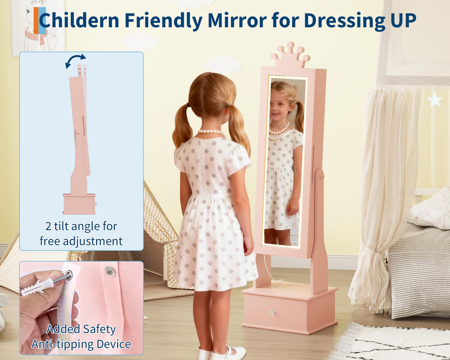 Garvee Freestanding Jewelry Armoire Cabinet with Led Light, Full-Length Mirror and 3 Storage Drawers for Girls, Pink