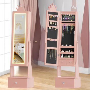 Garvee Freestanding Jewelry Armoire Cabinet with Led Light, Full-Length Mirror and 3 Storage Drawers for Girls, Pink