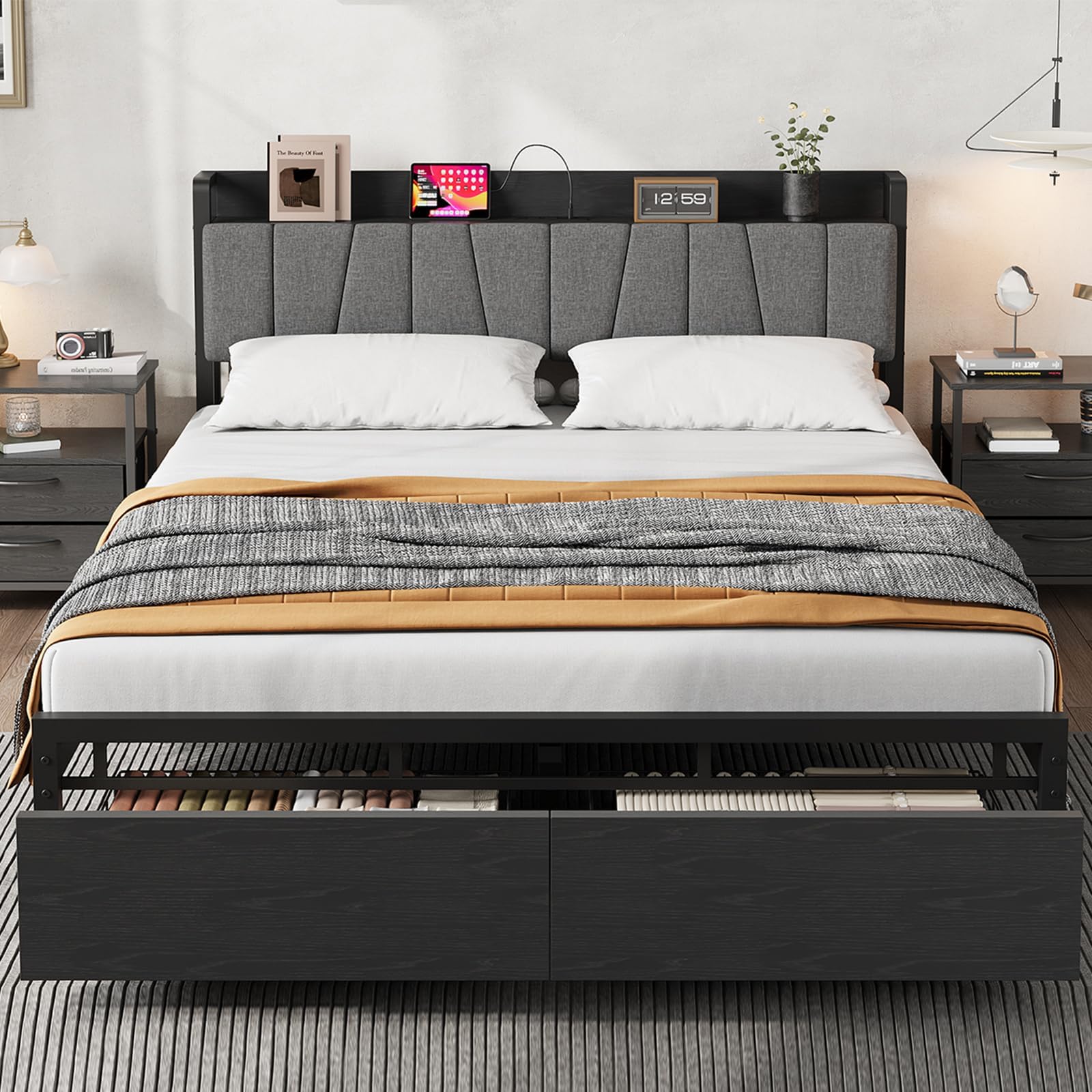 Garvee King Size Bed Frame with Upholstered Headboard, Storage Drawers,  Charging Station, Black, Platform Bed for Bedroom, image size:1600x1600
